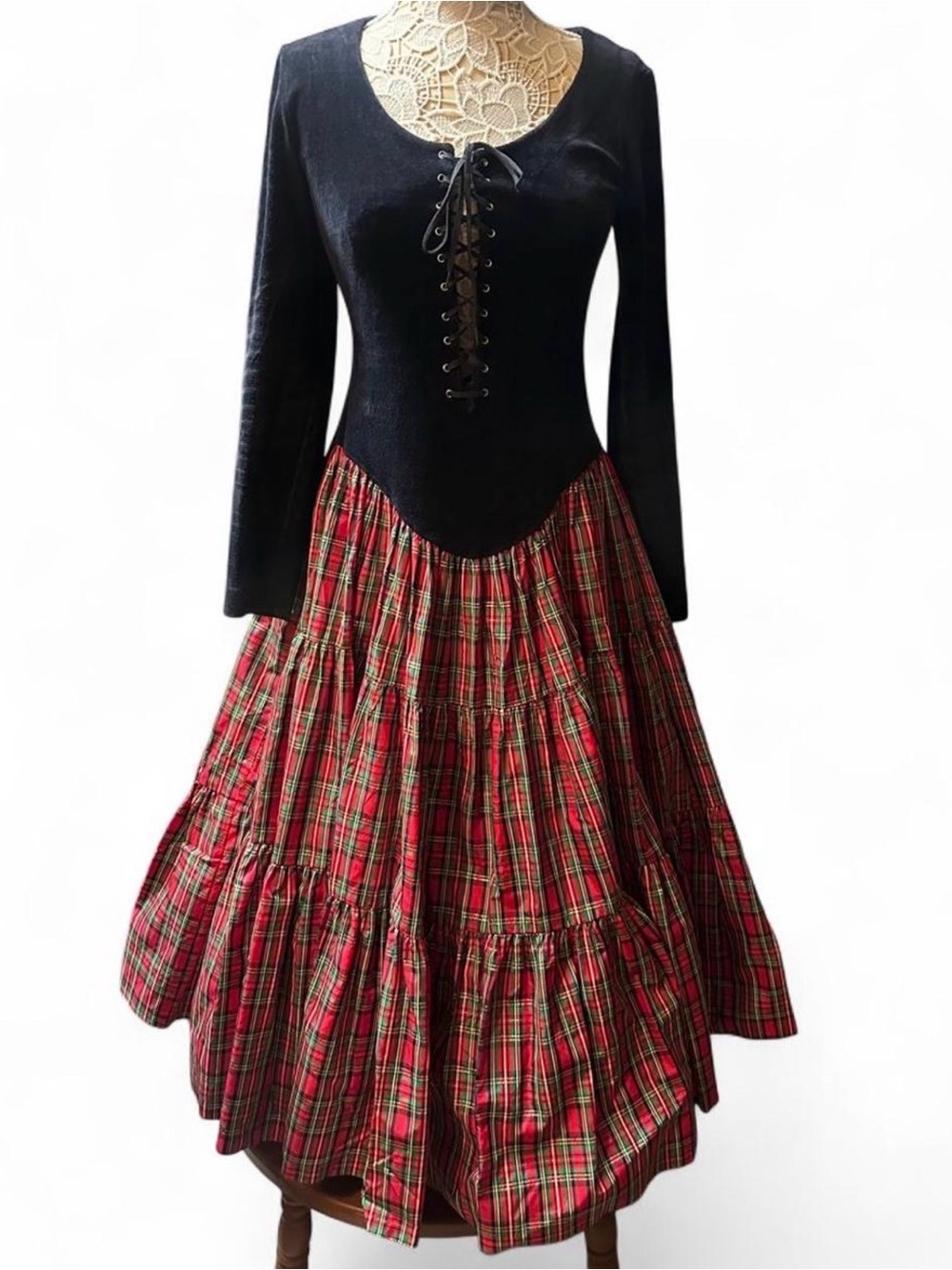 Betsey Johnson Black Lace-Up Bodice Red Tartan Skirt Dress - Picture 2 of 10